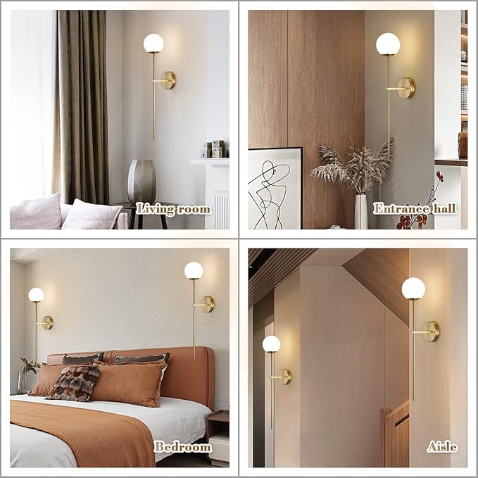 BOKT Mid Century Modern Long Wall Sconce Brushed Brass Bathroom Vanity Wall Sconce Lighting Small Gold Globe Wall Light White Glass Sphere Wall Lamp Antique Brass Wall Lighting