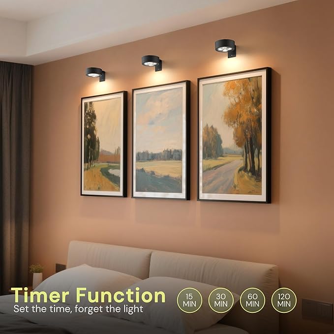 L LOHAS LED Black Battery Operated Picture Light, 3Pcs Magnetic Led Painting Light with Remote Dimmable and Timer, Art Display Light for Picture Frame Paintings, Wireless Wall Decor Puck Lights, 3CCt
