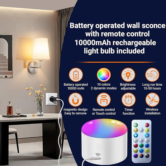 Wall Sconce Battery Operated Wall Light Fixure with Remote Control, Dimmable Battery Operated Wall Sconces Set of Two, Indoor Wireless Wall Mounted Lamp with Rechargable Bulb for Bedroom Living Room