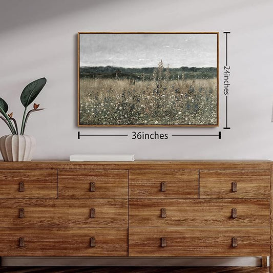 OIQArtOIQ Vintage Framed Wall Art Wildflower Field Meadow Canvas Art Prints Rustic Farmhouse Landscape Pictures Wall Decor Modern Cottagecore Paintings Artwork For Bedroom Bathroom Office Living Room