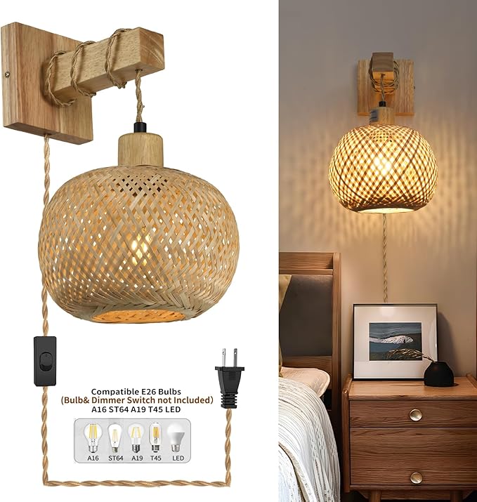 Bamboo Plug in Wall Sconces Set of Two, Hand Woven Boho Wall Lamp Plug in Cord Wall Sconces for Bedroom Living Room Farmhouse