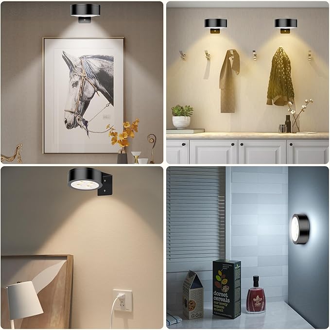 Picture Lights for Wall, 3 Lighting Modes Magnetic Art Display Light,Rechargeable Battery Operated Led Painting Light with Remote Control Dimmable & Timer,6Pack Black