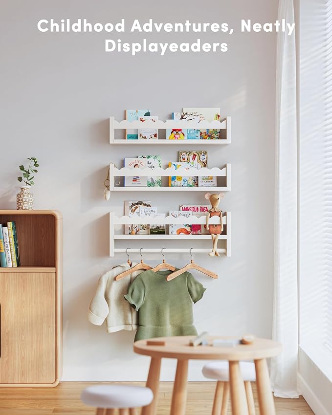 Nursery Book Shelves, Scalloped Shelves, Floating Book Shelves for Wall, Nursery Deocr for Baby, Toddler (White, 16.5 Inches)