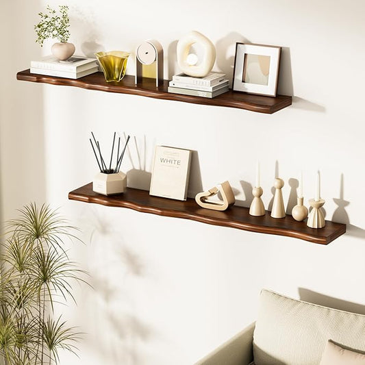 Floating Shelves for Wall Rustic Farmhouse 48 Inch Floating Shelf Bathroom Wooden Shelves for Wall Mounted Live Edge Pine Shelf with Unique Natural Grain for Living Room Bedroom Kitchen (Walnut)