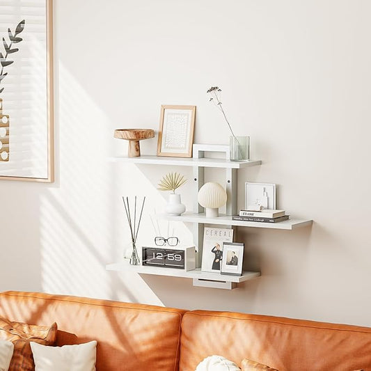 Homode Floating Shelves, Set of 3 Wooden Hanging Shelves for Bathroom and Bedroom Storage, Decorative Wall-Mounted Display Shelf for Plants, Books, Pictures, White