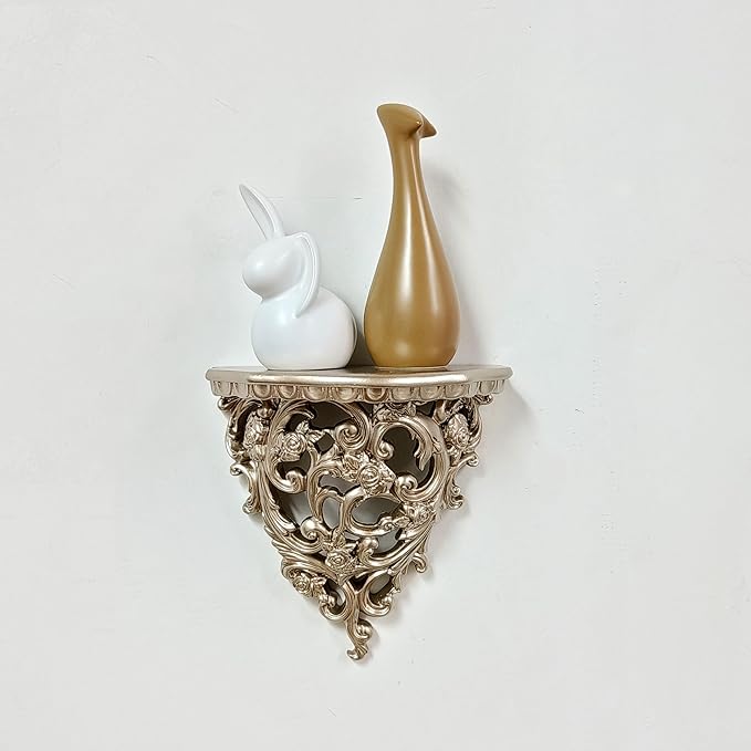Z metnal Small Victorian Decorative Floating Shelves, Wall Mounted Decor Shelves, Classic Wall Display Organizer, Retro Hollow Carving Art Ornament Rack, Baroque Style Decorative Stand, Champagne