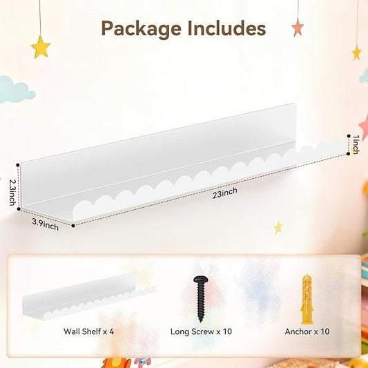 Floating Shelves for Wall, 23 Inch Metal Nursery Book Shelves 4 Pack, Wall Mounted Book Shelf for Kids Room, Bedroom, Bathroom, Playroom Decor (White)