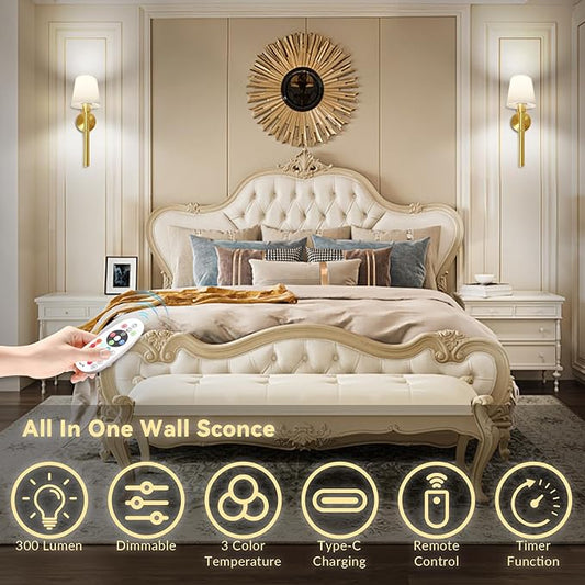 Battery Operated Wall Sconce, Wireless Wall Lamp Set of 2 RGB Dimmable Rechargeable Wall Lights with Bulbs and Remote, 12 Colors Gold Wall Sconces for Bedroom Nightstand Living Room Hallway