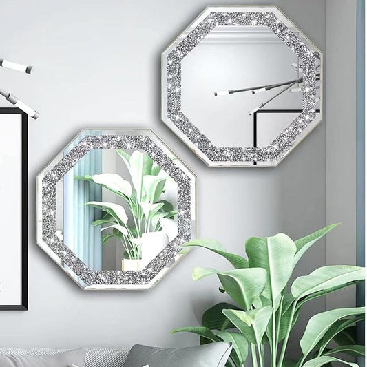 2 Piece Wall Mirrors Octagon, Crush Diamond Mirrors Wall Decor, Silver Decorative Mirrors for Living Room Decor, Bedroom, Bathroom. (12”x12”)
