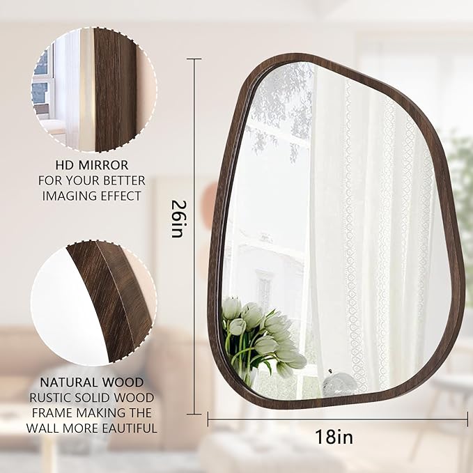 Irregular Wall Mirror Asymmetrical Large Bathroom Mirror Wood Framed Modern Artistic Decorative Vanity Mirrors for Bedroom Living Room Entryway Hallway 26"x18"