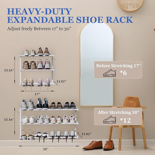 3 Pack Wall Mounted Shoe Rack, 3 Tier Hanging Shoe Rack Holds 36 Pairs, 17"-30"Adjustable Heavy Duty Metal Shoe Organizer Holder with 6 Storage Hooks, Space Saving for Closet Entryway Doorway(White)
