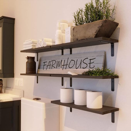 RICHER HOUSE Floating Shelves for Wall Décor, Rustic Wood Wall Mounted Shelves for Bedroom Set of 5, Farmhouse Shelf for Bathroom, Hanging Shelves for Storage - Deep Brown