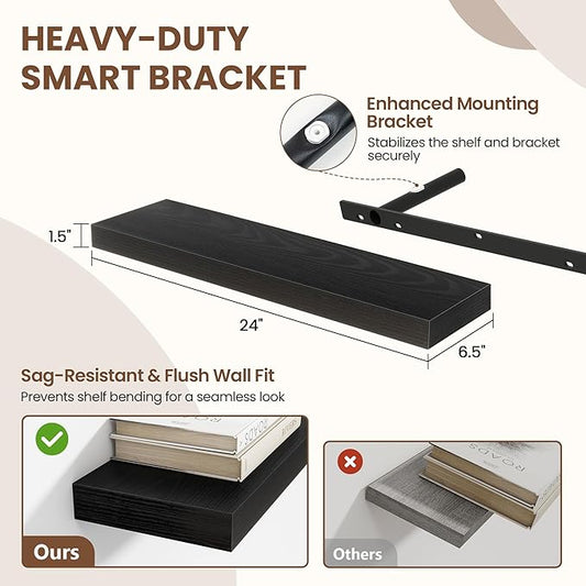 24 Inch Floating Shelves for Wall 2 Pack, 24" Wall Shelves for Books, Storage, Decor, Wall Mounted Floating Shelf with Invisible Brackets for Kitchen, Living Room, Black