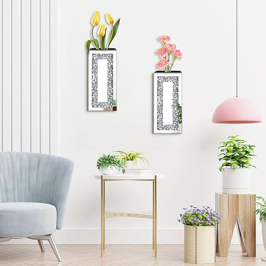 Crushed Diamond Mirrored Wall Decor Vase Crystal Silver Mirror Flower Vase Stunning Decorative Glass Hanging Planter for Home Decor Living Room Dining Room Bedroom Wall Decor.Can't Hold Water(2 Set)