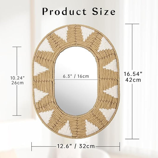 Briful Bohomain Wall Mirror Oval Decorative Mirror Seagrass Wall-Mounted Mirror Farmhouse Home Décor, Hanging Wall Art for Living Room Bedroom Dining Room, Size-16.54''x12.6''