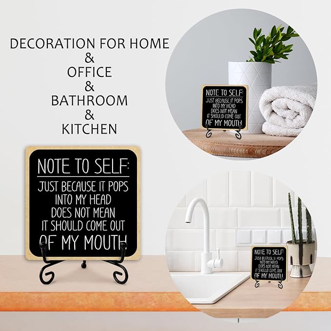 Wood Sign Office Decor - Iron Supported Shelf Decor for Home or Coworker Gifts - Note To Self: Just Because It Pops Into My Head Table Centerpiece - (a006)