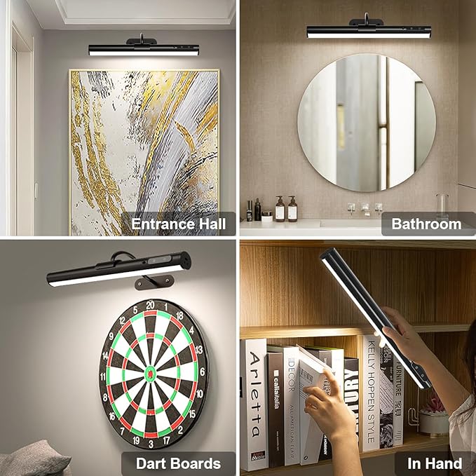 Wireless Rechargeable Picture Light, Battery Operated Art Wall Sconce with Remote Control, Magnetic Dimmable LED Picture Frame Lights for Paintings Mirror Portrait Gallery Dart Board Indoor - Black
