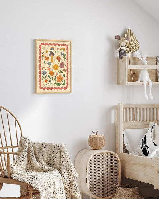 InSimSea Framed Canvas Wall Art Prints, Nursery Wall Art for Bedroom, Beige Vintage Flower Illustration Painting Kids Decor, Classic Retro Rustic Farmhouse Wall Shelf Decor, 12x16inch