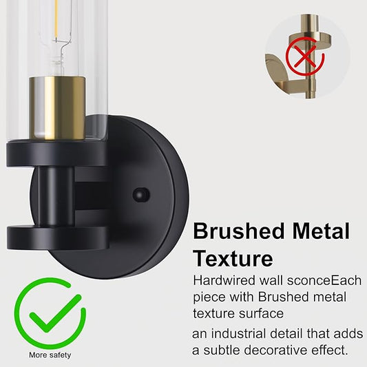 Wall Sconces Set of Two, Bathroom Sconces with Clear Glass, Hardwired Sconces Wall Decor Set of 2, Modern Wall Lights for Living Room Mirror Bedroom Hallway Kitchen (Gold and Black)