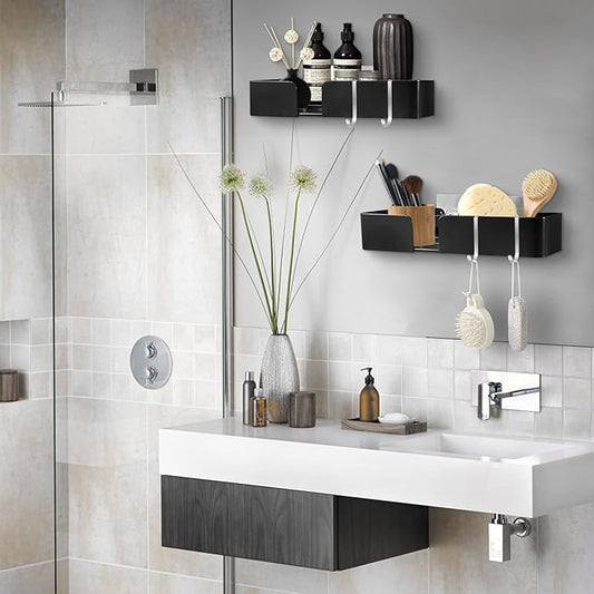 ABCOOL Shower Caddy Floating Bathroom Shelves - Set of 2, No Drill Wall Mounted Adhesive Hanging Shelves with Hooks Decorative Storage Shelves for Kitchen Living Room Bedroom