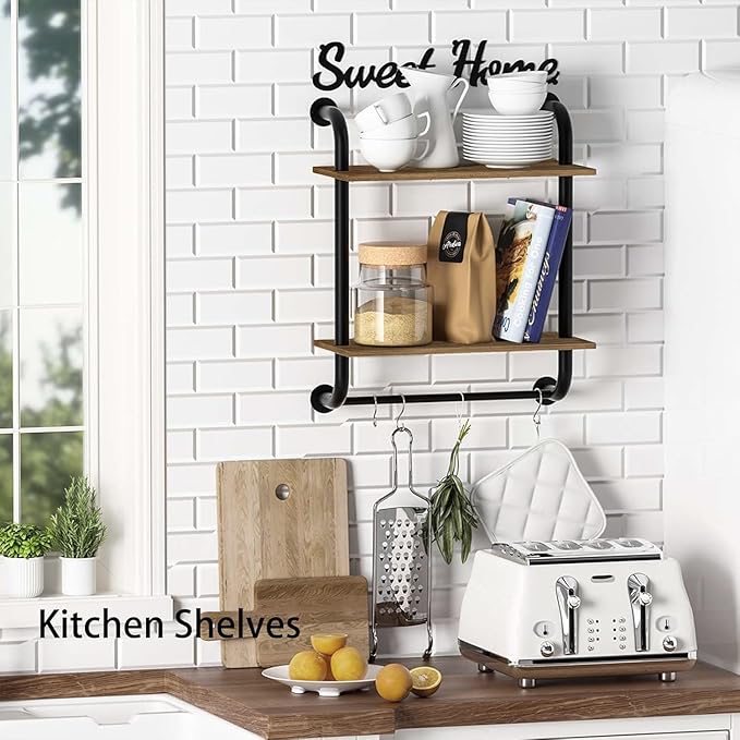 Bathroom Shelves Wall Mounted, Rustic Farmhouse Pipe Shelves, 2-Tier, Industrial Shelving Over Toilet, Floating Shelf Decor for Bathroom, Kitchen, Bedroom, Living Room 17.3 inch