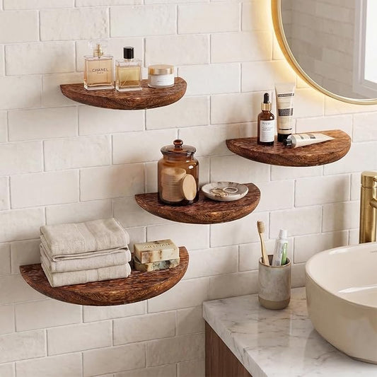 Solid Wood Half Round Floating Shelves, Elegant Floating Shelves, 8.27 Inch Small Wall Mounted Floating Corner Shelves for Living Room, Bedroom, Bathroom, Office. Dark Brown Floating Shelves, Set of 5