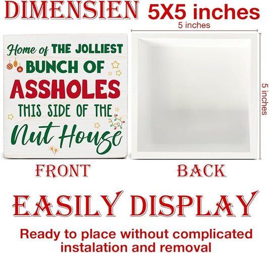 Funny Christmas Decor, Christmas Home Decorations, Home of the Jolliest Wooden Sign Rustic Home Shelf Office Decor 5 x 5 Inches