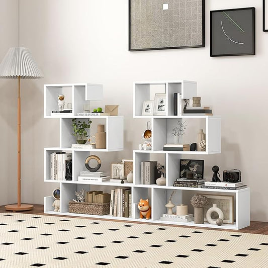 Giantex 5-Tier S-Shaped Bookshelf, Geometric Bookcase w/Open Cubes, Modern Decorative Display Shelf w/Anti-Toppling Kits, Freestanding Storage Rack for Living Room, Study, Home, Office (2, White)