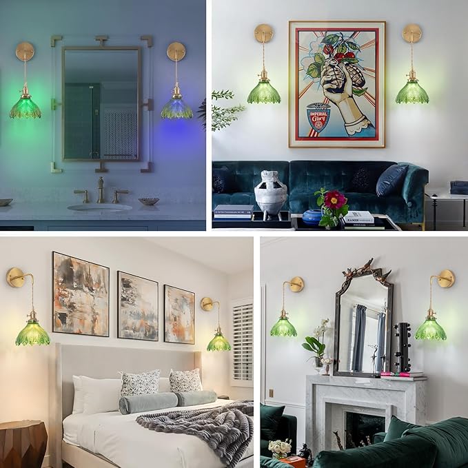 Battery Operated Wall Sconce Set of 2, Rechargeable Battery-Powered Wall Light with Green Glass Lampshade,Wireless Indoor Wall Lamp with Remote Control for Living Room Bedroom