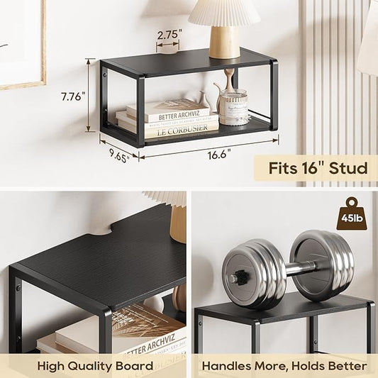 Floating Nightstand Set of 2, Wood Bedside Shelf Wall Mounted Nightstand with Heavy-Duty Frame, Floating Bedside Table for Bedroom, Living Room, Bathroom, Kitchen, (Vintage Black, 2 Pack)