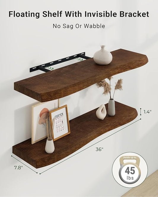 Axeman 36" Solid Wood Floating Shelves for Wall Decor, USA-Sourced Rustic Ash Wood Live Edge Shelf with Upgraded Heavy Invisible Bracket, Wall Mounted Shelf for Kitchen Bathroom Living Room, Walnut