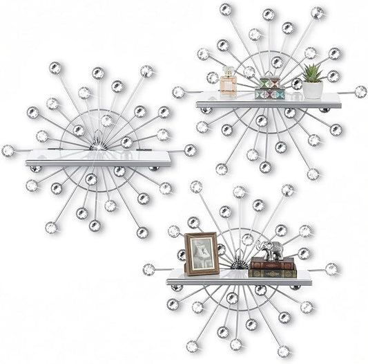 3 Pcs Bling Crystal Floating Shelves Metal Starbursts Wall Decor Folding Shelf Silver Corner Shelves Hanging Wall Mounted for Storage Bedroom Bathroom Living Room Kitchen Office Home Decoration