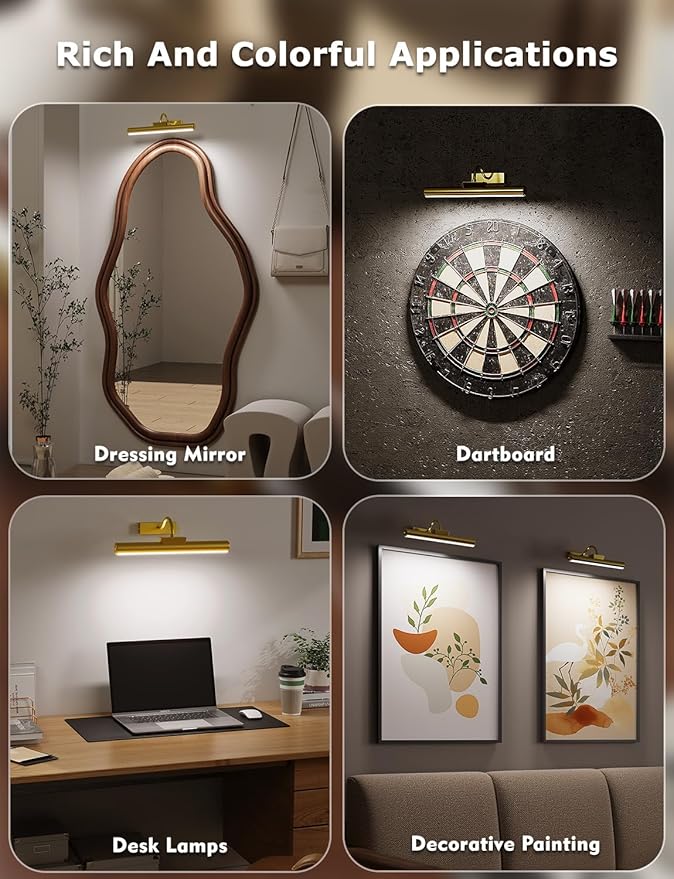 16in Wireless Picture Light with Remote, Battery Operated Picture Lights for Wall 5000mAh, 3 Color Modes and Dimmable LED Art Lighting with Timer for Painting, Frame, Gallery, Bedroom (Gold-1Pack)