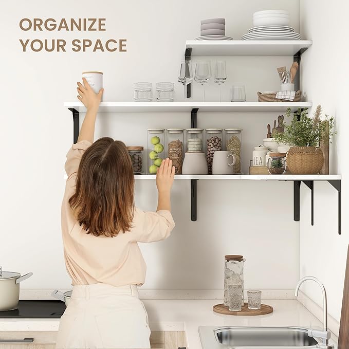 Fun Memories Floating Shelves for Wall, 12 Inch Deep Floating Shelves Set of 2, Wall Mounted Shelf with Metal Brackets, Rustic Wood Wide Shelf for Bathroom, Kitchen and Living Room, White, 24W x 12D