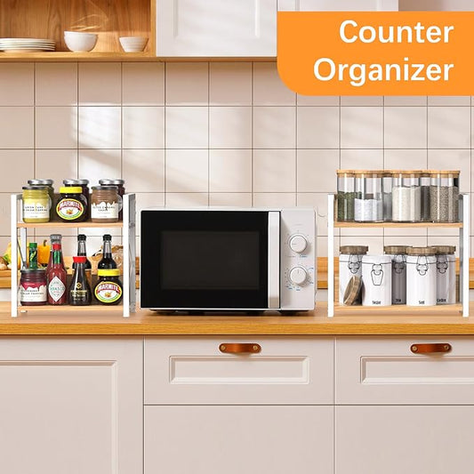 Spice-Rack-Organizer-Shelf for Kitchen Counter, 2 Tiers Coffee Bar Station Organizer for Countertop,Space Saving Desk Shelving Riser Unit (Maple, Medium)