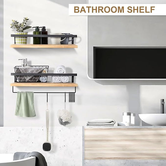 AGM Floating Shelves, 16.5 Inch Bathroom Shelf Set of 2, Wall Storage Shelf with Towel Bar & 8 Hooks, Wall Mounted Shelves for Bathroom, Bedroom, Kitchen, Living Room Decor