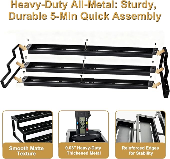 3-Tier Spice Rack Organizer for Cabinet, Expandable Kitchen Organizer 14.4 to 26.1 Inch Seasoning & Pantry Organizer for Countertop, Metal Non-Skid Step Storage Shelf for Condiments, Oils, Cans, Jars