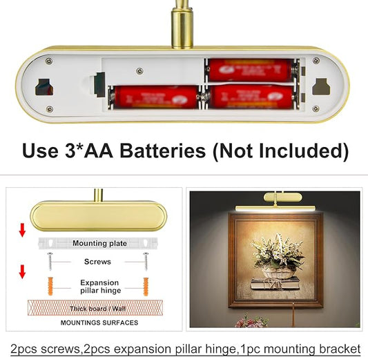 Picture Light,3AA Battery Art Lights for Paintings,Wireless Wall Lighting,Remote Control Accent Light with Timer and Dimmable for Frame,Portrait,Dartboard-Brass