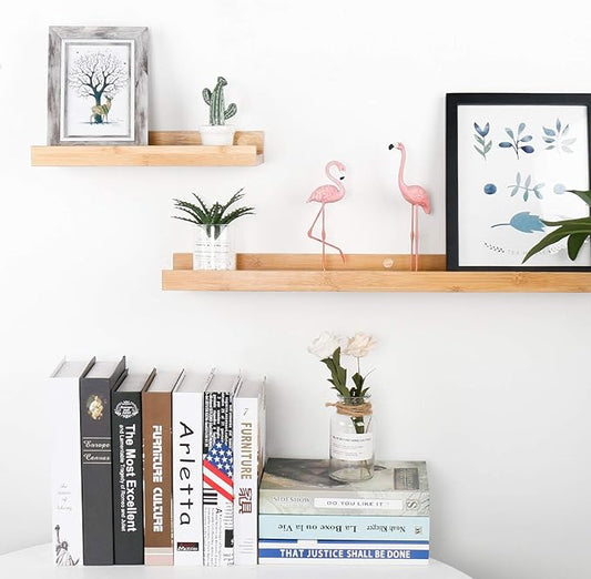 Natural Bamboo Floating Shelves Rustic Wood Wall Shelves Wooden Wall Storage Organizer Home Decor Living Room Kitchen Bedroom (Natural, 13.8 in)