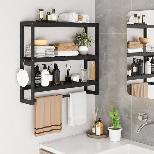 RRX Bathroom Shelf Storage Organizer, Bathroom Shelf 3-Tier Adjustable Layer Bamboo Organizer with Bar, Hanging, Freestanding Over Toilet Utility Shelves, Black
