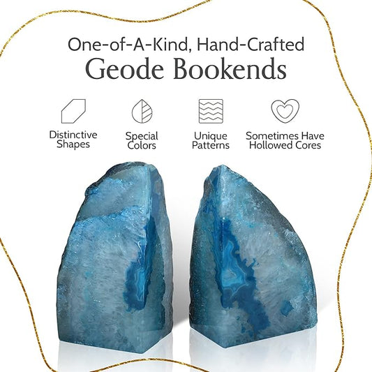 Nature's Decorations Agate Bookends - A Quality Teal Geode with Non-Skid Rubber Bumpers for Shelves, Office, Home Decor - Heavy Duty Cool Crystal Stone (2-3 LB)