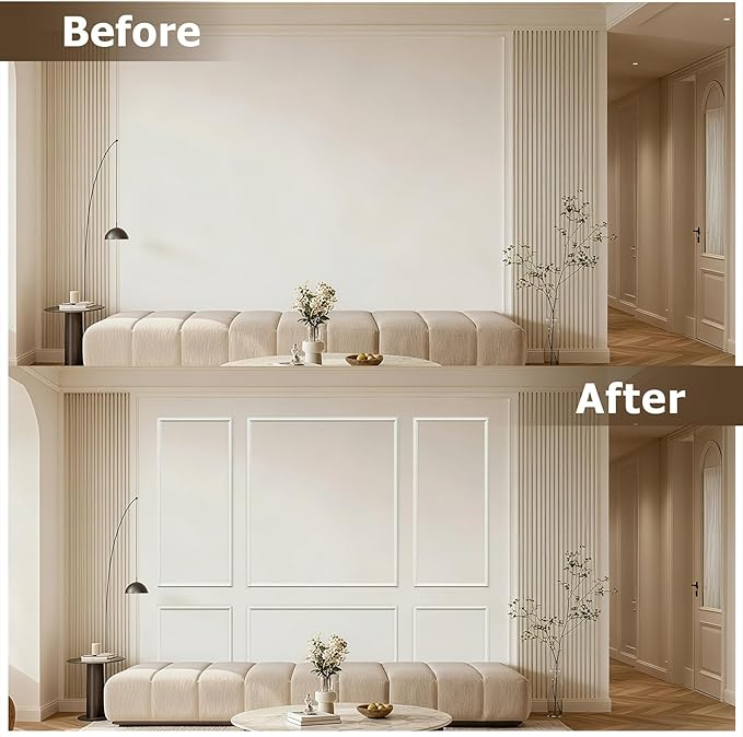 Pre-Cut Peel and Stick Wall Molding Kit Wainscoting Trim- Self Adhesive Premade Accent Panel Chair Rail for Interior Moulding Home Decor Accent Wall Set of 6 pcs - 3 Top 3 Bottom, Ready to Assemble