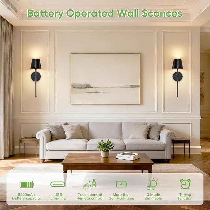 Kimjo Battery Operated Wall Sconce Set of 2, Rechargeable Wireless Wall Sconces Light with Dimmable Timer Remote, 5200mAh Black Cordless Wall Light for Bedroom Living Room Hallway Decor