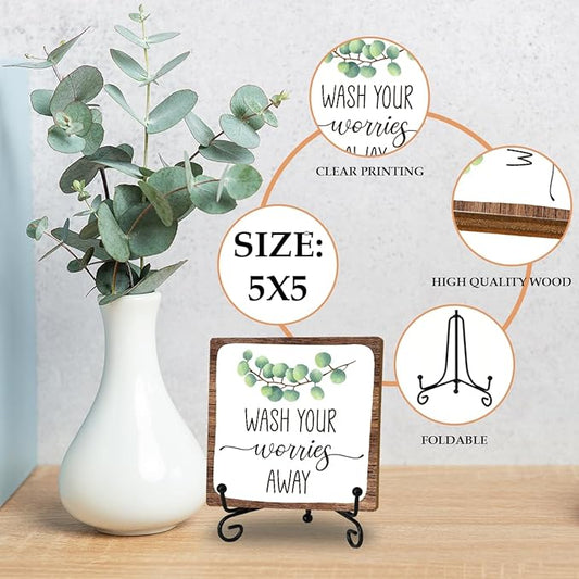 Bathroom Decor, Wash Your Worries Away Wooden Sign With Stand, Funny Bathroom Laundry Room Decor, Restroom Guest Washroom Decoration, Funny Toilet Washroom Plaque Sign Decor, Gifts for Family Friend