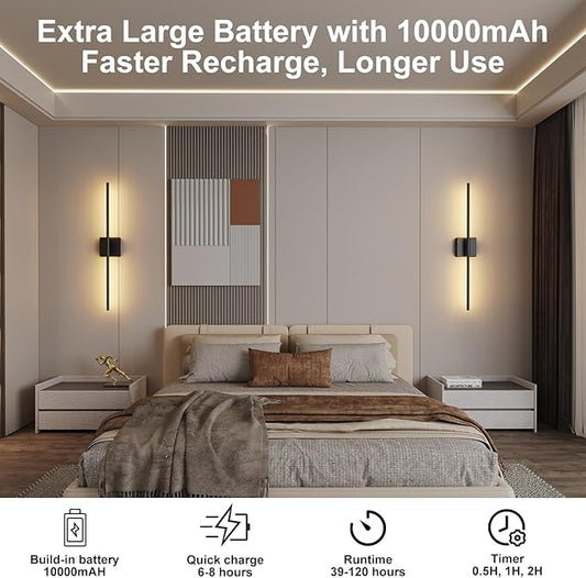 Shineled Wall Sconces Set of 2, 29'' Battery Wall Sconce with Remote Control, 350° Black Rotatable Dimmable Wall Lamp, Wireless Wall Lights for Bedroom, Living Room