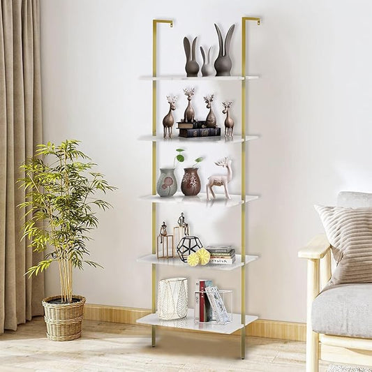 aboxoo Ladder Shelf White Marble Bookshelf 5-Tier Wall-Mounted Wood Rack Industrial Modern Plant Flower Stand Utility Organizer Open Bookcase Metal Frame Furniture Office Kitchen Bedroom