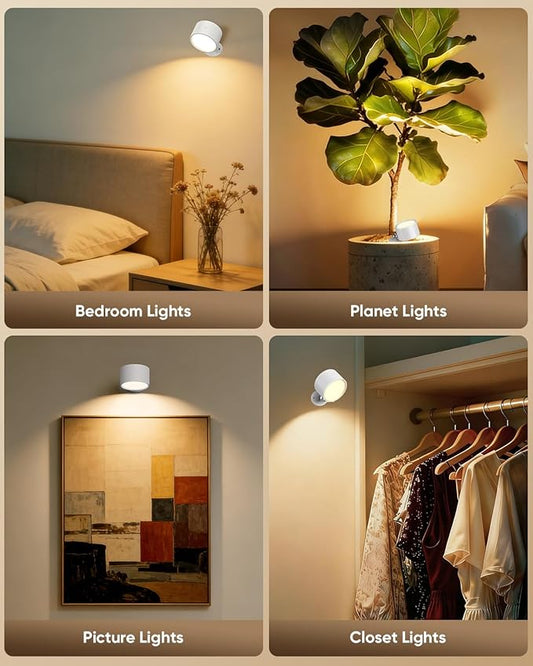 LED Wall Mounted Lights 2 Pcs with Remote, Rechargeable Wall Sconce with 3 Color Temps & Dimmable Magnetic 360° Rotation Cordless Light for Bedroom Reading Bedside (White, 2 Pack)