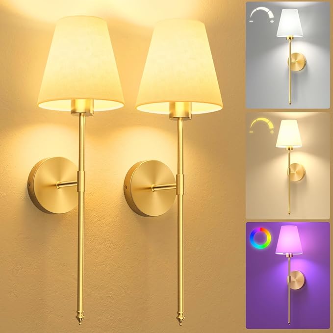VOLISUN Battery Operated Wall Sconces Set of Two, Wireless Wall Sconces with Remote and Dimmable Bulbs, 9 Colors Battery Powered Wall Lights, Gold Rechargeable Wall Lamps for Bedroom (23.6 inch)