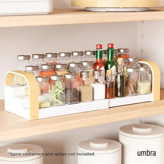Umbra Bellwood Three-Tier Spice Shelf, Expandable Design Made of Durable Plastic and Wood, Natural/White