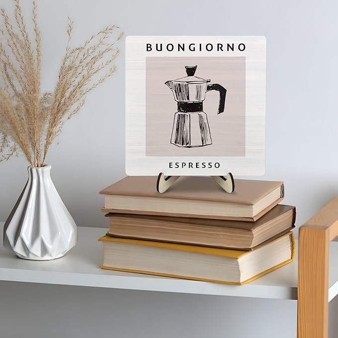 Coffee Bar Decor Sign,Wooden Vintage Plaque with CoffeePot Pattern-Buongiorno Espresso,Funny Farmhouse Decor for Coffee Station, Kitchen Café or Shelf Display(White)
